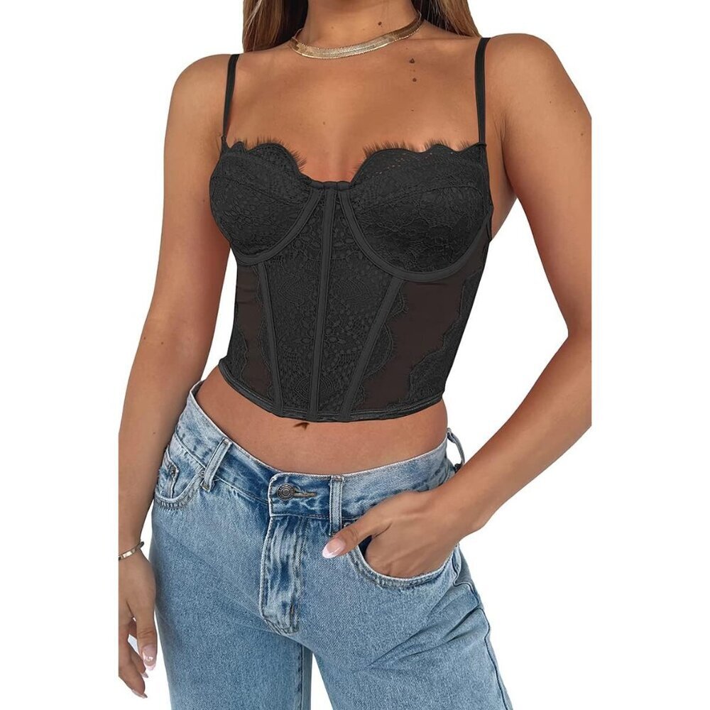 Womens Lace Corset Top Spaghetti Strap Backless Crop Party Bustier Cami